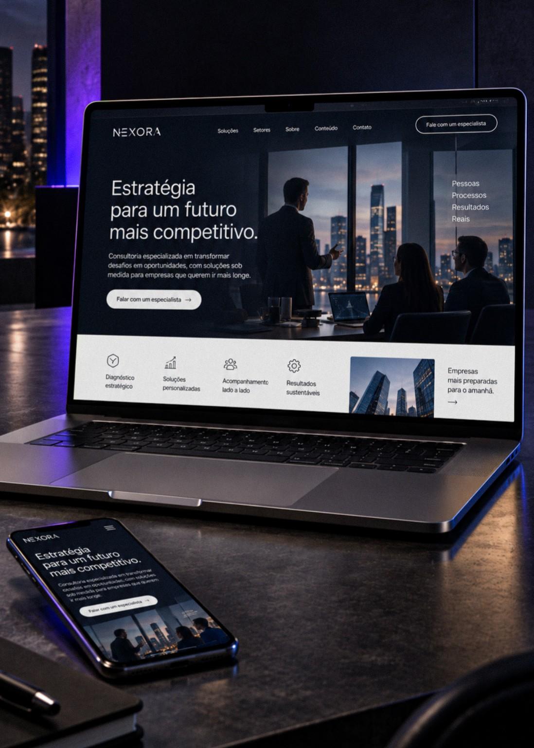 Notebook e smartphone exibindo um site institucional moderno